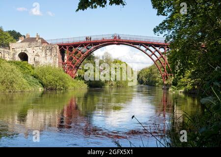 The newly red painted Ironbridge over the river Severn at Ironbridge, Shropshire, May, 2019. Stock Photo