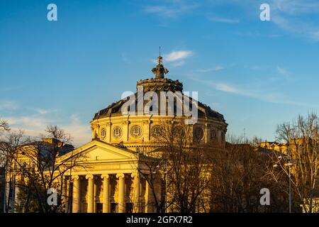 View over the Romanian Athenaeum or Ateneul Roman in the center of Bucharest capital of Romania Stock Photo