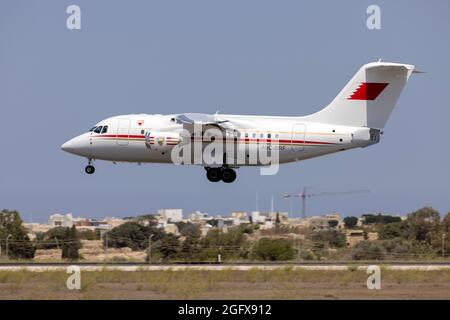 Bahrain Air Force British Aerospace Avro 146-RJ70 (Reg.: A9C-BRF) arriving fresh from a new paint job in Norwich, UK. Stock Photo