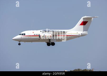 Bahrain Air Force British Aerospace Avro 146-RJ70 (Reg.: A9C-BRF) arriving fresh from a new paint job in Norwich, UK. Stock Photo