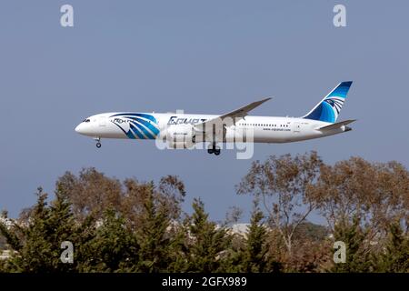 EgyptAir Boeing 787-9 Dreamliner (Reg.: SU-GEW) making another cargo only flight between Cairo and Malta. Stock Photo