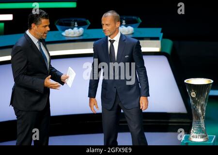 ISTANBUL, TURKEY - AUGUST 27: Sports Journalist Pedro Pinto and President of UEFA Aleksander Ceferin during the UEFA Conference League 2021/22 Group Stage Draw at the Halic Congress Center on August 27, 2021 in Istanbul, Turkey. (Photo by Orange Pictures) Stock Photo