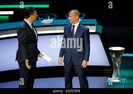 ISTANBUL, TURKEY - AUGUST 27: Sports Journalist Pedro Pinto and President of UEFA Aleksander Ceferin during the UEFA Conference League 2021/22 Group Stage Draw at the Halic Congress Center on August 27, 2021 in Istanbul, Turkey. (Photo by Orange Pictures) Stock Photo