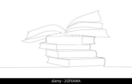 Stack of opened books in style of one line. Black contour. Stock Vector