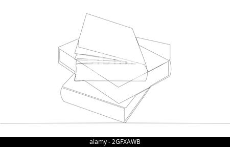 Stack of opened books in style of one line. Black contour. Stock Vector