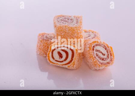 May 25, 2021, Gaziantep, Anatolia peninsula, Turkey: Lemon flavoured, orange flavoured, and mint flavoured Princess Turkish delight, produced in a workshop in the Turkish town of Gaziantep. Turkish delight or lokum is a sweet Turkish delicacy which comes in many varieties and combinations (Credit Image: © Muhammad Ata/IMAGESLIVE via ZUMA Press Wire) Stock Photo