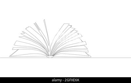 Stack of opened books in style of one line. Black contour. Stock Vector