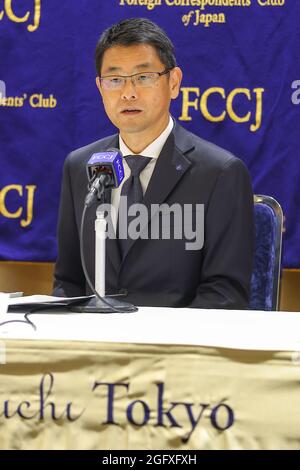 Tokyo, Japan. 27th Aug, 2021. Osamu Okuda, President & CEO at Chugai Pharmaceutical Co., Ltd. held a press conference at the Foreign Correspondents' Club of Japan (FCCJ). Chugai, a subsidiary of Swiss drug maker Hoffmann-La Roche, has the rights to develop and market the antibody cocktail drug 'Lonapreve' in Japan, developed by US-based Regeneron Pharmaceuticals and Roche, for patients with COVID-19 on August 27, 2021 in Tokyo, Japan. (Photo by Kazuki Oishi/Sipa USA) Credit: Sipa USA/Alamy Live News Stock Photo