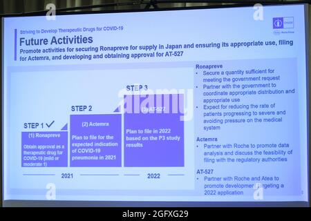 Tokyo, Japan. 27th Aug, 2021. Osamu Okuda, President & CEO at Chugai Pharmaceutical Co., Ltd. held a press conference at the Foreign Correspondents' Club of Japan (FCCJ). Chugai, a subsidiary of Swiss drug maker Hoffmann-La Roche, has the rights to develop and market the antibody cocktail drug 'Lonapreve' in Japan, developed by US-based Regeneron Pharmaceuticals and Roche, for patients with COVID-19. Lecture with slides. on August 27, 2021 in Tokyo, Japan. (Photo by Kazuki Oishi/Sipa USA) Credit: Sipa USA/Alamy Live News Stock Photo
