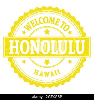 WELCOME TO HONOLULU - HAWAII, words written on yellow round zig zag stamp Stock Photo