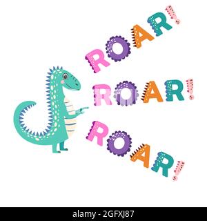 Roar Fun Lettering Roar - hand drawn lettering nursery poster. Black and white vector ...