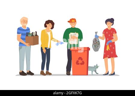 People throw garbage in trash can for garbage recycling. Waste utilization in rubbish dustbin. Responsible men and women stand near litter container. Save environment and ecology vector illustration Stock Vector