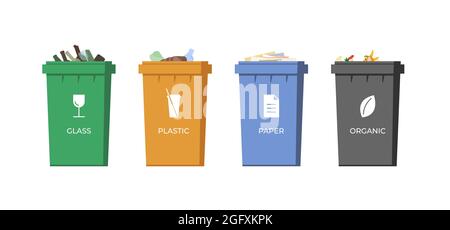 Trash sorting containers. Paper, glass, plastic and organic garbage in colourful bins for recycling. Rubbish dustbin isolated set. Waste management utilization icons. Save environment and ecology eps Stock Vector