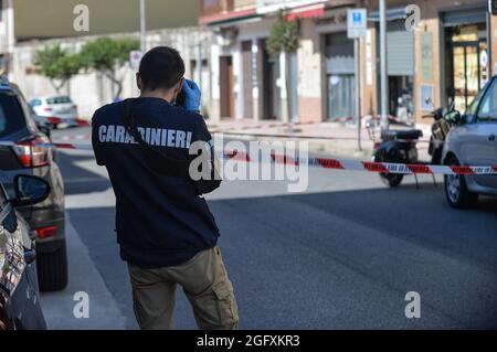 Corigliano Rossano, Italy. 27th Aug, 2021. Pasquale Semeraro, 34, was seriously injured in an ambush around noon on Via Nazionale, in the city center of Corigliano. He was shot while aboard a 150cc Vespa perhaps due to a settling of scores but the investigations of the carabinieri are also moving in the Mafia circles of the Ndrangheta. Credit: Independent Photo Agency/Alamy Live News Stock Photo