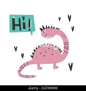 Dinosaur with slogan graphic - hi, funny dino cartoons. Vector funny lettering quote with dino icon, scandinavian hand drawn illustration for greeting Stock Vector