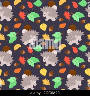 Autumn pattern with hedgehogs, leaves, acorns and mushrooms. Stock Vector