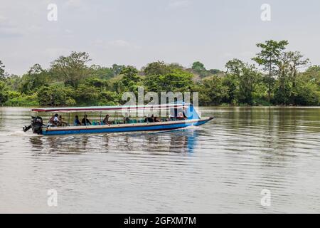 LA ESPERANZA, NICARAGUA - MAY 7, 2016: Passenger boat at San Juan river near La Esperanza village, Nicaragua Stock Photo