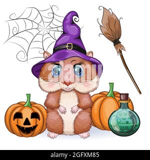 Cute cartoon hamster wearing wizard hat with broom and pumpkins, halloween holiday character. Stock Vector