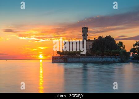 A sunset at Schloss Montfort. The walls of Montfort Castle, a prime landmark of Langenargen with a wonderful and unique location practically in Lake C Stock Photo