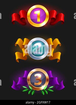 Game Level Icons, Silver Medals, Stars, Ui Badges With Wings, Laurel ...