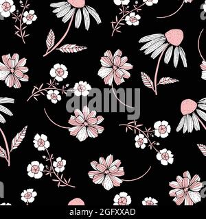 Pattern with hand-drawn summer flowers on a black background. Stock Vector