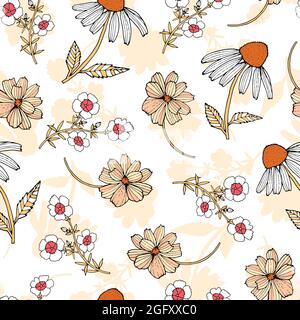 Pattern with drawn summer flowers and unicolored silhouettes on a transparent background. The pattern looks wintage Stock Vector