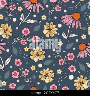 Pattern with summer flowers, small geometric flowers, dotted lines and dots on a blue background. Stock Vector