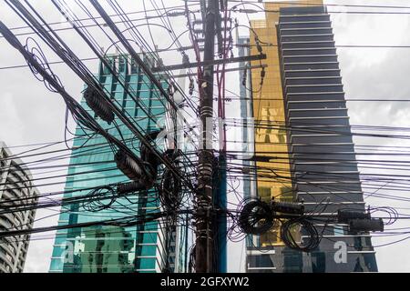 Chaos of electric cables and high rise buildings in Panama City Stock Photo