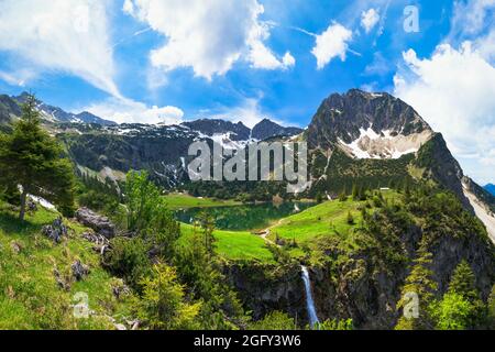 Panoramic view of Lower Geisalpsee in hiking paradise of Allgäu high alps, summer day Stock Photo