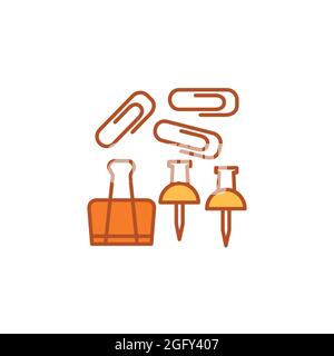 Paper button, clips and staples color line icon. School supplies. Sign for web page, mobile app, banner, social media. Editable stroke. Stock Vector