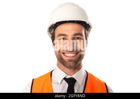Smiling engineer in hard hat isolated on white Stock Photo