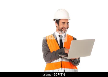Smiling architect using laptop isolated on white Stock Photo