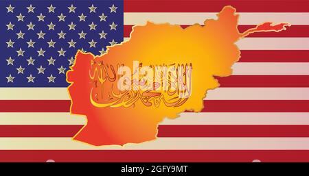 An outline map of Afghanistan and Taliban insignia gainst the background of the flag of the United States of America. The concept of the problems of A Stock Photo