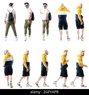 Collage of back and side view young stylish males walking standing doing various gestures. Full length people isolated on white background Stock Photo
