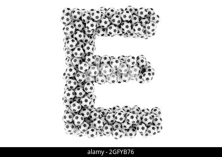 Letter E from soccer balls or football balls, 3D rendering isolated on white background Stock Photo