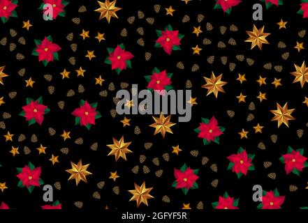 Holiday New Year and Merry Christmas Background with golden stars, cones and poinsettia flower. Vector Illustration EPS10 Stock Vector