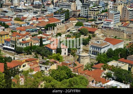 A view of Plaka district from the Areopagus Hill in Athens, Greece Stock Photo