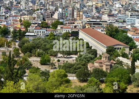 A view of Stoa of Attalos in the Ancient Agora from the Areopagus Hill in Athens, Greece Stock Photo