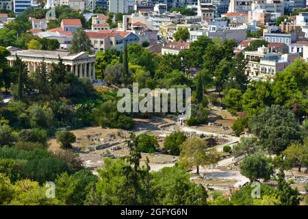 A view of the Temple of Hephaestus or Hephaisteion in the Ancient Agora from the Areopagus Hill in Athens, Greece Stock Photo