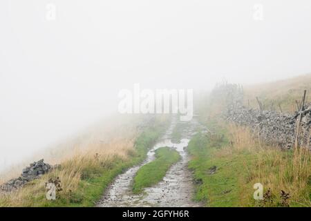 West Cam Road in mizzle, above Widdale in the Yorkshire Dales, UK Stock Photo