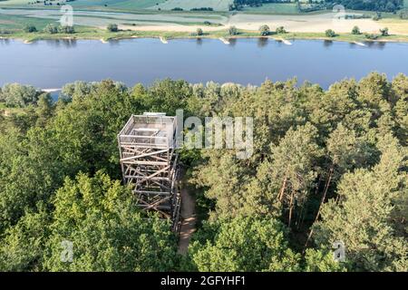 Aerial view of viewpoint Kiepenberg near Elbe river, wooden tower west of village Hitzacker, Germany