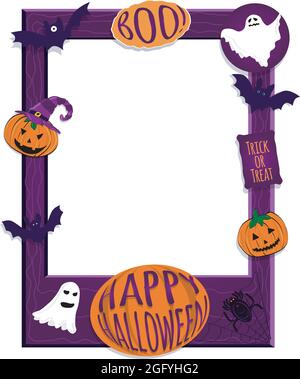 Halloween photo frame poster with pumpkins, bats, spider and ghosts. Photoboth concept Stock Vector