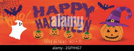 Orange Happy Halloween banner with pumpkins, ghosts, bats, cobweb and spider Stock Vector