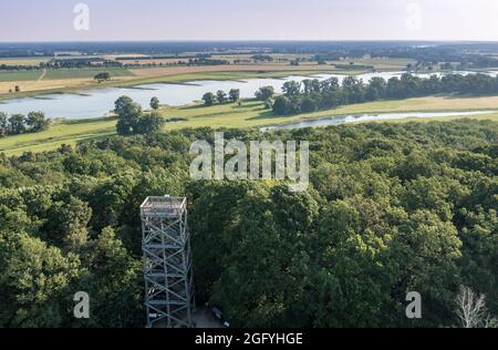 Aerial view of viewpoint Höhbeck near Elbe river, wooden tower south of village Lenzen, Germany