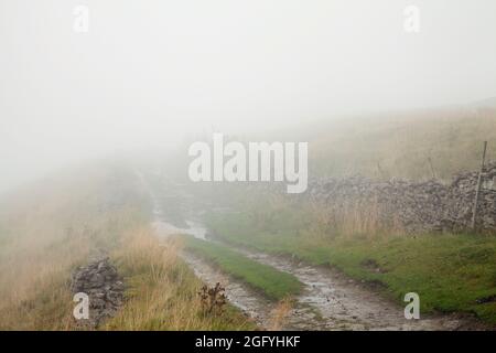 West Cam Road in mizzle, above Widdale in the Yorkshire Dales, UK Stock Photo