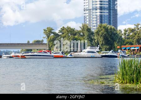 Thickets of river reeds against the background of the river bank in blur with a residential multi-storey building and a pier with boats. Stock Photo