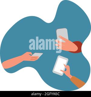 People's hands are holding a tablet and phones. Vector, flat, white Stock Vector