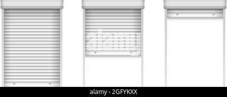 Set of realistic window blinds. Horizontal plastic window shutters. Closed and open jalousie mockup template Stock Vector