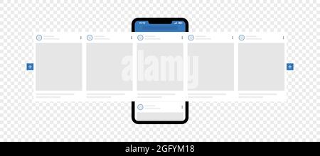 Kyiv, Ukraine - August 1, 2021: Smartphone with Facebook carousel post mockup template. Social network ads post. Carousel interface post. Stock Vector