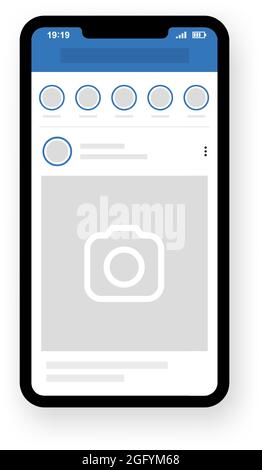 Kyiv, Ukraine - August 1, 2021: Smartphone with facebook interface post. Mobile profile mockup template. Social network photo frame Stock Vector